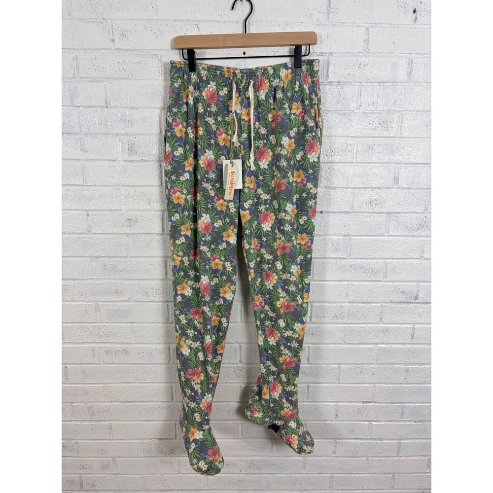Feejays Footie Sweatpants Womens M Green Tropical Floral Pajama Pockets